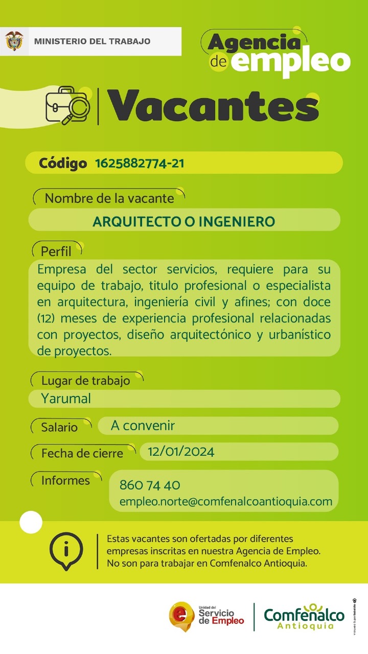 Vacantesa Agencia de Empleo | Arquitecto - Ingeniero Civil | Confenalco