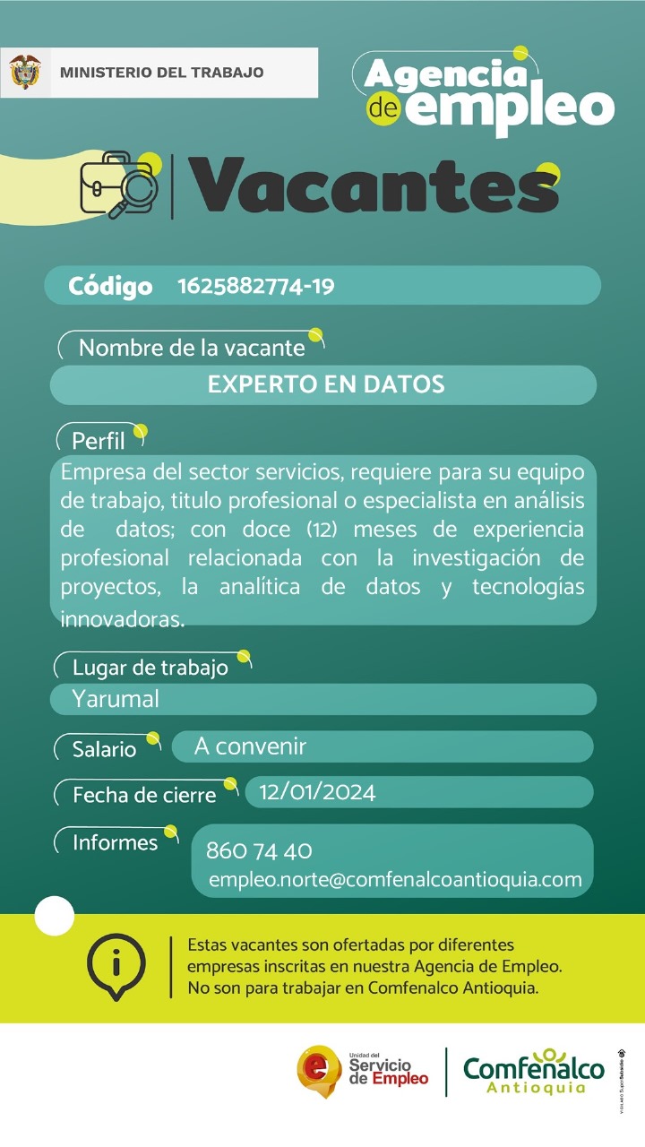 Vacantesa Agencia de Empleo | Experto en Datos | Confenalco