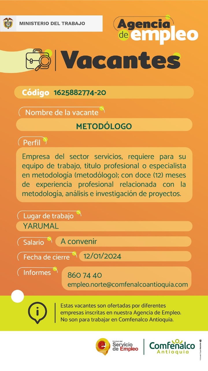 Vacantesa Agencia de Empleo | Metodólogo | Confenalco